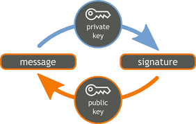 Digital signature: Signing with private key and verification with private key; Blue: private information; Orange: public information